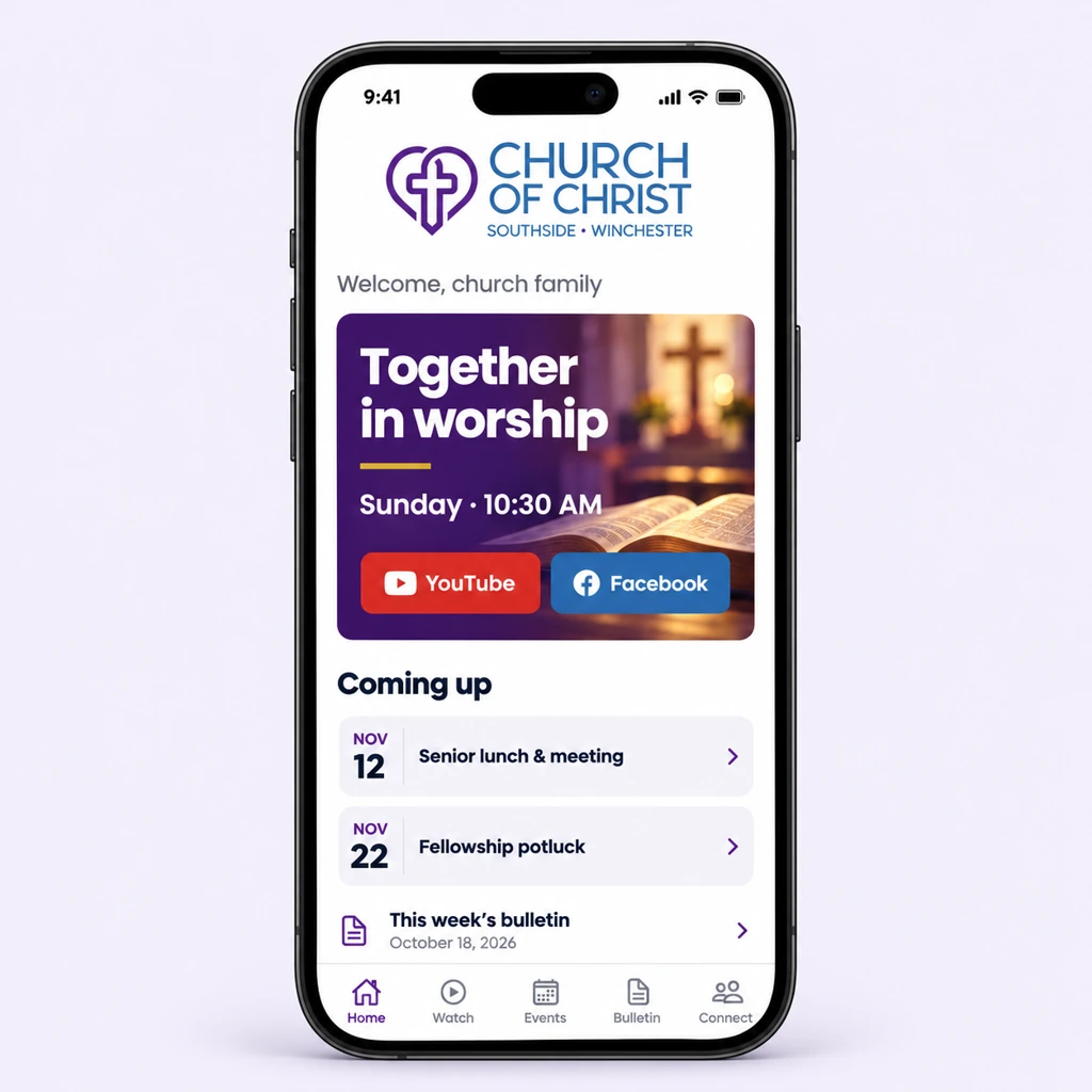 Southside church app home screen with worship links and upcoming events
