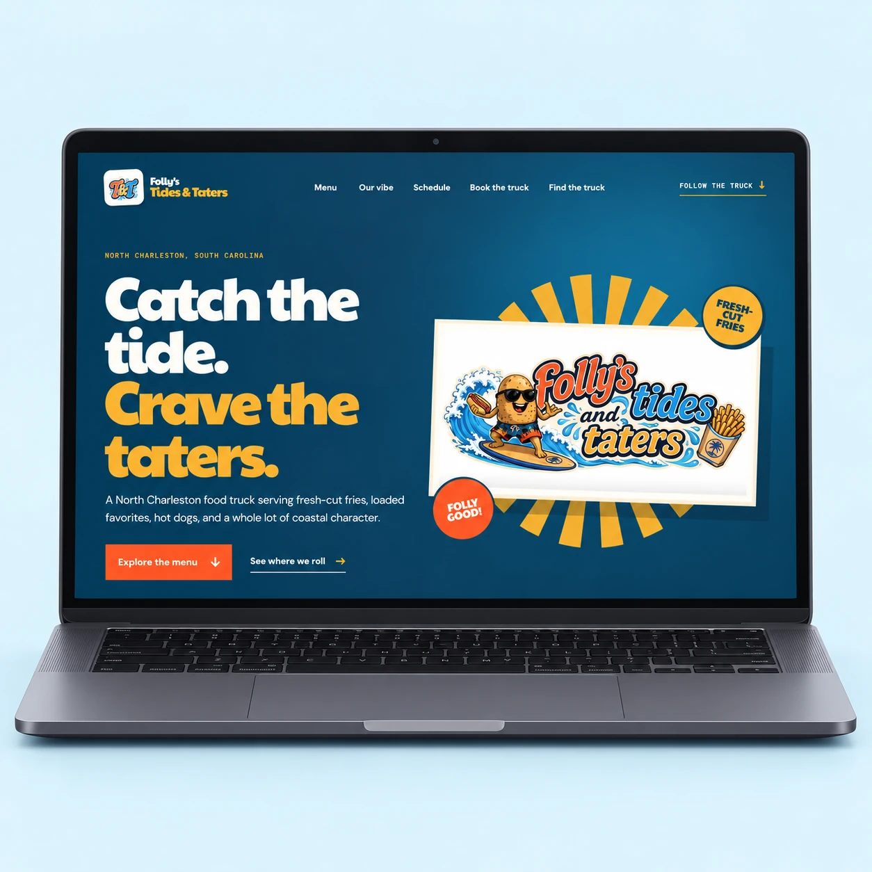 Tides and Taters website with its coastal blue and gold identity